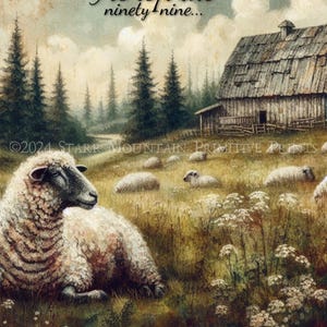 Primitieve inspirerende bijbelvers hij verliet de schuur van 99 schapen afdrukbaar schilderij kunst jpeg digitale print label tag ornament decoupage 8 x 10