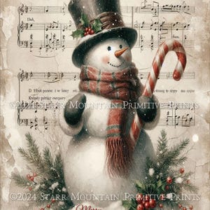 Primitive Farmhouse Christmas Snowman Candy Cane Instant Download JPEG 8x10 Printable Print Sublimation Decoupage Cans Label Tag Canvas