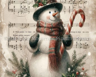Bastón de caramelo con muñeco de nieve navideño de granja primitiva Descarga instantánea JPEG 8x10 Impresión por sublimación Decoupage Latas Etiqueta Etiqueta Lienzo