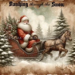 Primitive Farmhouse Grungy Old World Santa Claus Christmas Horse Sleigh Printable 8x10 Jpeg Digital Print Decoupage Label Tag Ornament Card