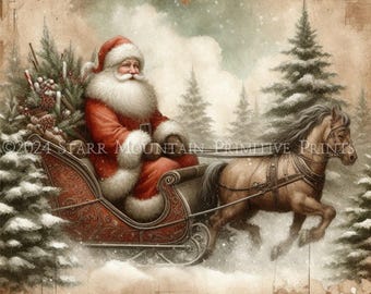Könnte beinhalten: Eine Vintage-Weihnachtsillustration von Santa Claus, der in einem roten Schlitten durch einen verschneiten Wald fährt, der von einem braunen Pferd gezogen wird. Der Text "Dashing through the Snow" ist oben im Bild in einer dekorativen Schriftart geschrieben.