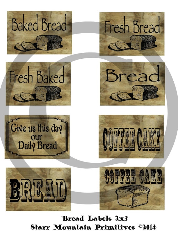 Primitive Bread Labels Coffee Cake Printable Jpeg Digital Loaf Pan Can Jar Box Crate Crock Tag Candle Hang tags
