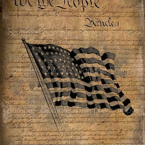 May include: A vintage-style image of the US Constitution with the words "We the People" at the top and a black and white illustration of an American flag waving in the wind.