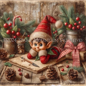 May include: A Christmas elf with a red hat and green suit is writing a letter on a piece of paper. The elf is sitting on a wooden table with a variety of Christmas decorations, including pine cones, holly, and a candy cane.