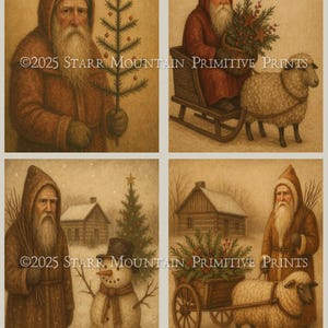 Op de afbeelding: Set van vier 10x13 cm koloniale primitieve kerstprints. De prints tonen afbeeldingen van Belsnickel, schapen en een sneeuwpop. Eén print heeft de tekst "Merry Christmas". De prints zijn van Starr Mountain Primitive Prints.
