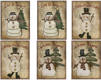 Primitive Snowman Snowmen Set of 6 Winter Christmas Pantry Logo Label Jpeg Digital File for Crock  Jar, Labels, Pillows, Doll