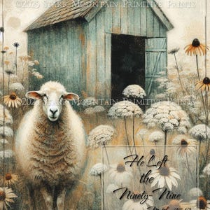 8 x 10 lente primitief inspirerende bijbelvers hij verliet de 99 schapen blauwe schuur afdrukbaar schilderij kunst jpeg digitale print label tag decoupage