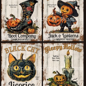 Primitive Vintage Halloween Werbung schwarze Katze Hexe JOL Kerze Set 4 Digital bedruckbares Metallschild Etikett Hangtag Ornament Magnet Karte