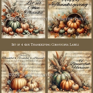 Primitive Fall Autumn Farmhouse Thanksgiving Cornucopia Pumpkin Sheet Music Set 4, 4x4" Digital Printable Print Label Tag Ornament Magnet