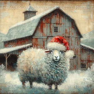 Primitieve boerderij kerst schapen in kerstmuts schuur afdrukbaar olieverfschilderij jpeg 300 DPI digitale kunst afbeeldingslabel hang tag 8 x 8 afdrukken canvas afdrukken