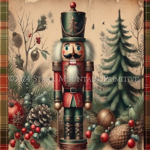 Primitive Vintage Christmas Nutcracker Greenery Holly Berries Printable Jpeg Digital Print Decoupage Label Hang Tag Ornament Canvas 8x10