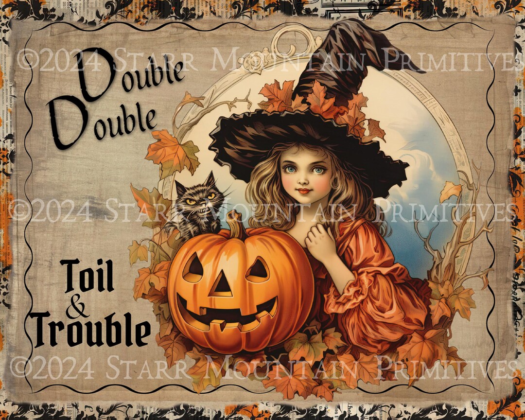 Primitive Vintage Postcard Damask Halloween Witch Black Cat Jack O ...
