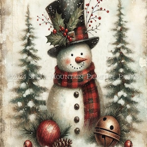 Primitive Snowman Scene Christmas Tree Farmhouse Instant Download JPEG Printable Print Sublimation Decoupage Cans Label Tag Rusty Bells 8x10