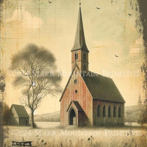 Primitive Farmhouse Inspirational Printable Church Chapel in a field illustration 8x10 Jpeg Digital Image Pillow Label Tag Ornament Print
