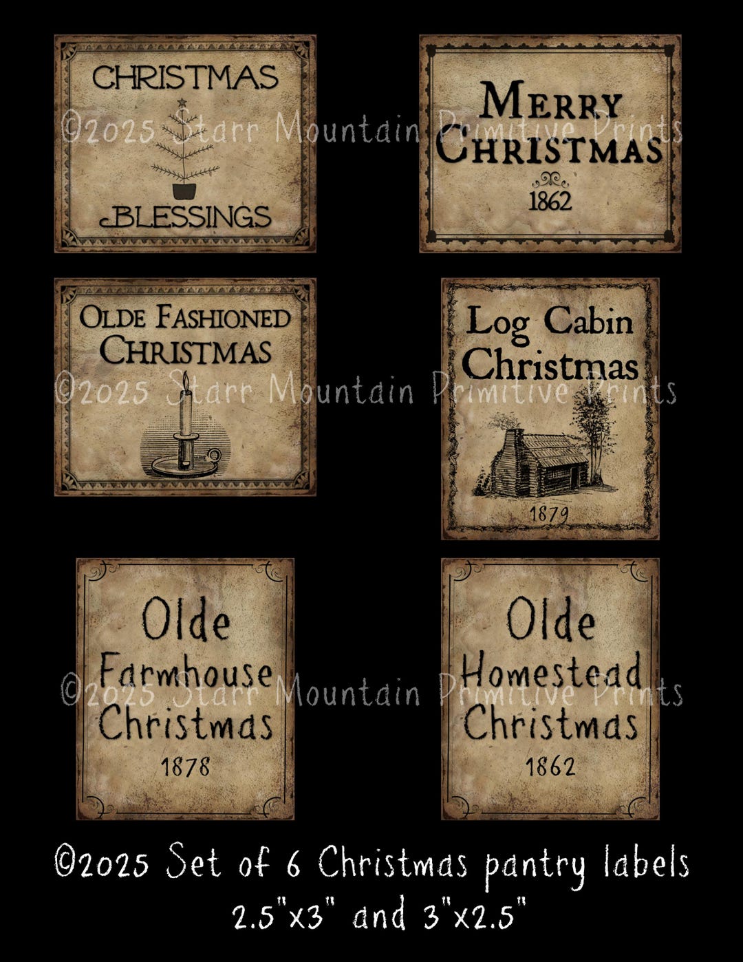 Winter Rustic Labels Primitive Vintage Farmhouse Christmas Pantry Labels Set of 6 - 2.5