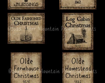 May include: A set of six vintage Christmas pantry labels. Each label has a different design with text including "Christmas," "Merry Christmas," and "Olde Farmhouse Christmas." The labels are 6.35cm x 7.62cm and 7.62cm x 6.35cm.