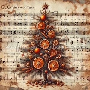 Primitive Vintage Grungy Old World O Christmas Tree Nuty Piosenka Damask Do Wydruku 8x10 Jpeg Cyfrowy Wydruk Dekupaż Etykieta Etykieta Ozdoba