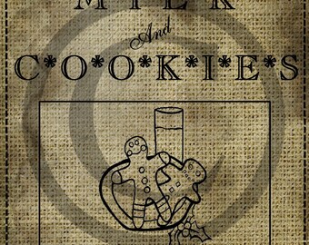 Könnte beinhalten: Eine Illustration im Vintage-Stil auf einem Jutesack-Hintergrund mit dem Text "SANTA'S M*I*L*K And C*O*O*K*I*E*S" und dem Text "A Christmas Tradition". Die Illustration zeigt ein Glas Milch und zwei Lebkuchen.