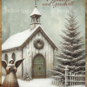 Primitieve boerderij inspirerende afdrukbare kerst kerk kapel krans engel vrede en goodwill 8 x 10 jpeg digitale afbeelding tag print kaart