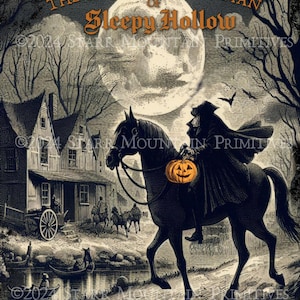 Primitivo Colonial Halloween Assustador Sleepy Hollow Cavaleiro Sem Cabeça JOL Placa Imprimível JPEG 8x10 Imagem Digital Etiqueta Pendurada Impressão Lona