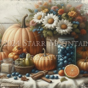 Primitive Bauernhaus Kürbis Gänseblümchen Tischbild Druckbare Stillleben Malerei Druck Etikett Jpeg Digitalbild 10x8 Leinwand Decoupage Reispapier