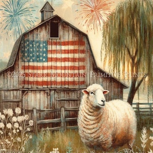 Drapeau américain patriotique primitif mouton grange imprimable Jpeg 300 DPI étiquette Image numérique étiquette volante impression découpage toile carte 8 x 10