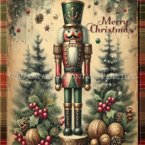 Primitive Vintage Christmas Nutcracker Greenery Holly Berries Printable Jpeg Digital Print Decoupage Label Hang Tag Ornament Canvas 8x10