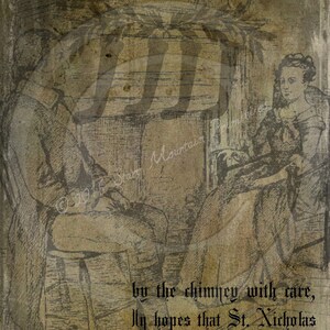 Puede incluir: Una ilustración vintage de una pareja colgando calcetines en la chimenea con el texto "The stockings were hung... by the chimney with care, In hopes that St. Nicholas soon would be there."