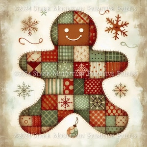 May include: A patchwork gingerbread man with a smiling face, surrounded by snowflakes and a red ornament. The gingerbread man is made of various red, green, and white fabric squares. The background is a light beige with a vintage texture.