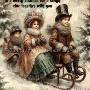 Primitive Victorian Children Sledding Sleigh Ride Printable Jpeg Digital Distressed Watercolor Print Decoupage Label Hang Tag Ornament 8x10