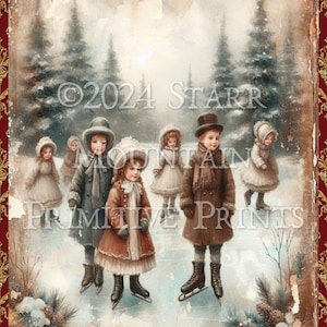 Primitive Victorian Children Ice Skating Printable Jpeg Digital Distressed Watercolor Damask Print Decoupage Label Hang Tag Ornament 8x10