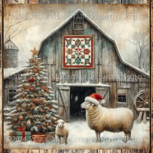 Primitieve boerderij kerst schapen in kerstmuts schuur quilt winters tafereel afdrukbare jpeg 300 dpi digitale kunst afbeelding label tag 8 x 8 afdrukken canvas