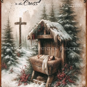 Navidad religiosa primitiva desde el pesebre hasta la cruz Natividad Jesús Imprimible Jpeg 8x10 Imagen digital Lienzo Etiqueta Adorno Tarjeta magnética