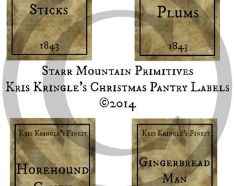 Primitive Kris Kringle Christmas Pantry Labels Jpeg Digital Apothecary Crate Crock Jar Label Peppermint Sticks Sugar Plums Horehound Candy