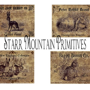 May include: Four vintage-style labels featuring illustrations of rabbits and text. The labels are for "Ole Jack Rabbit Go" pellet feed, "Peter Rabbit Brand" homegrown carrots, "New England Colonies" farm-raised hares, and "Happy Bunny Co." milk chocolates.