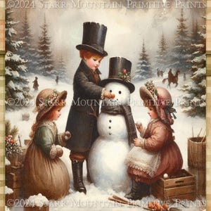 Primitive Victorian Children Building a Snowman Printable Jpeg Digital Distressed Watercolor Print Decoupage Label Hang Tag Ornament 8x10