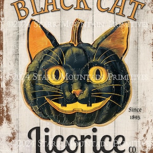 Anúncio primitivo vintage halloween gato preto alcaçuz co jol 8x10 sinal de metal imprimível jpeg imagem digital despensa etiqueta pendurar tag impressão