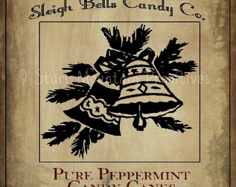 Primitive Christmas Sleigh Bells Candy Canes Feedsack Pantry Label Logo Jpeg Image Great for Pillows Labels Hang tags Magnets Ornies