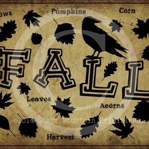 Primitive Digital Art Autumn Fall Sayings Word Art Typography Leaves Crow Harvest Label Pantry Logo Jpeg Crock  Jar Labels Pillow Hang Tags