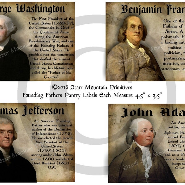Primitive Founding Fathers George Washington Thomas Jefferson Benjamin Franklin Feedsack Logo Pantry Jar Crock Crate Book Label Jpeg Image
