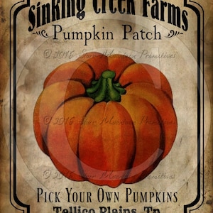May include: A vintage-style sign for Sinking Creek Farms Pumpkin Patch in Tellico Plains, Tennessee. The sign features a hand-drawn illustration of an orange pumpkin with a green stem.