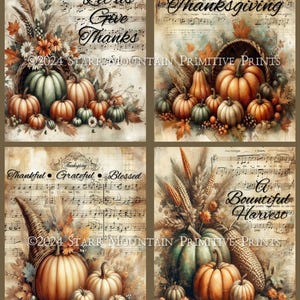 Primitive Fall Autumn Farmhouse Thanksgiving Cornucopia Pumpkin Sheet Music Set 4, 4x5" Digital Printable Print Label Tag Ornament Magnet