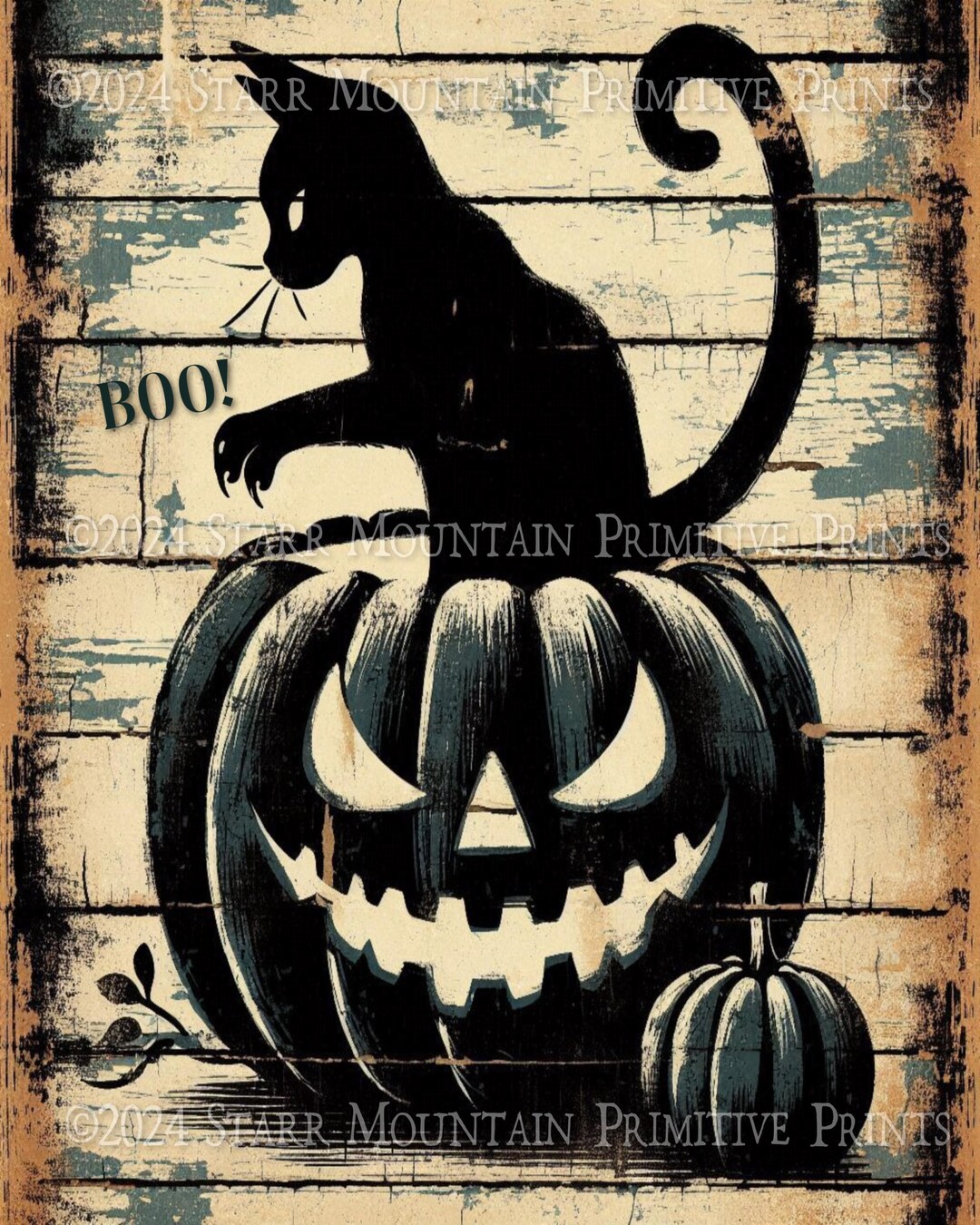 Primitive Farmhouse Halloween Black Cat Jack O Lantern Pumpkin ...