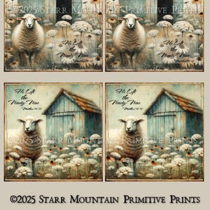 Versículo bíblico inspirador primitivo de primavera Dejó las 99 ovejas Granero azul Juego de 4 etiquetas de decoupage imprimibles con imagen digital de 4 x 4