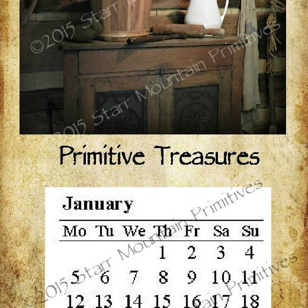 Primitive Vintage 2018 Printable Calendar Kit Primitive Treasures Pie Safe Pitcher Bucket add a Magnet use on Fridge Filing Cabinet Etc.