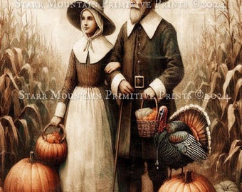 Puede incluir: Una ilustración vintage de una pareja de peregrinos en un campo de maíz con calabazas y un pavo. El texto "Give Thanks" está en la parte superior de la imagen. La imagen está en un estilo rústico con un aspecto descolorido y vintage.