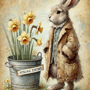 Primitive Farmhouse Spring Thyme Hare Bunny Rabbit Printable Jpeg Digital Distressed Print Decoupage Label Hang Tag Ornament Canvas 8x10