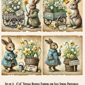 Primitive Bauernhaus Frühling Hase Häschen Blumenwagen 4er Set 4x4 Digital Printable Decoupage Label Hangtag Ornament Schild Print Leinwand