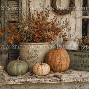 May include: A decorative arrangement featuring a large ceramic crock filled with dried autumn foliage, a green pumpkin, a small speckled pumpkin, a large orange pumpkin, and a wooden sign reading PUMPKINS APPLES HAYRIDES.