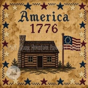 Op de afbeelding: Een kruissteekontwerp met een blokhut, de Amerikaanse vlag en de tekst "America 1776". Het ontwerp is omlijst door sterren in rood, wit en blauw. De algehele esthetiek is rustiek en patriottisch.